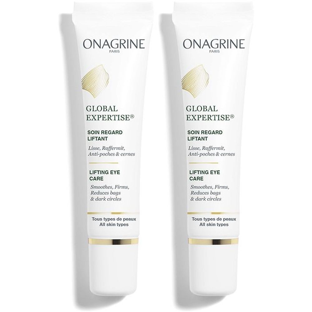Deux tubes de soin pour les yeux. Blancs, avec des accents dorés. Inscriptions : ONAGRINE, GLOBAL EXPERTISE, SOIN REGARD LIFTANT, LIFTING EYE CARE.