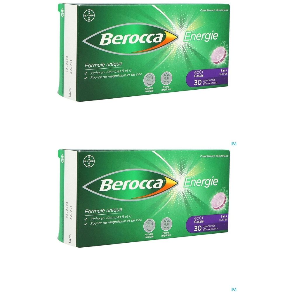 Deux boîtes vertes Berocca Energie. Inscription: Formule unique, 30 comprimés. Logo Bayer.