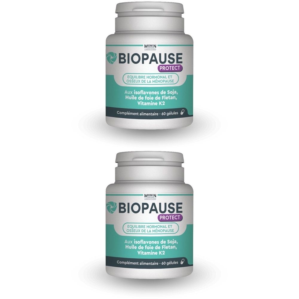 Deux flacons blancs avec étiquettes vertes. Inscription : BIOPAUSE PROTECT, complément alimentaire pour la ménopause.