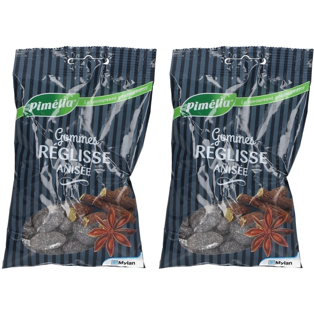 Deux sachets de Pimélia Gommes Réglisse Anisée. Emballage noir avec nom du produit et étoiles d'anis.