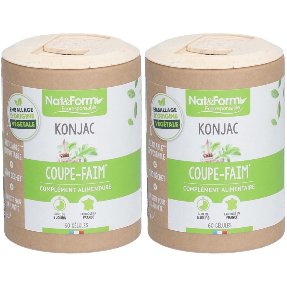 Deux boîtes cylindriques avec couvercles. Inscription: Nat&Form KONJAC, Coupe-Faim, 60 gélules. Emballage d'origine végétale.