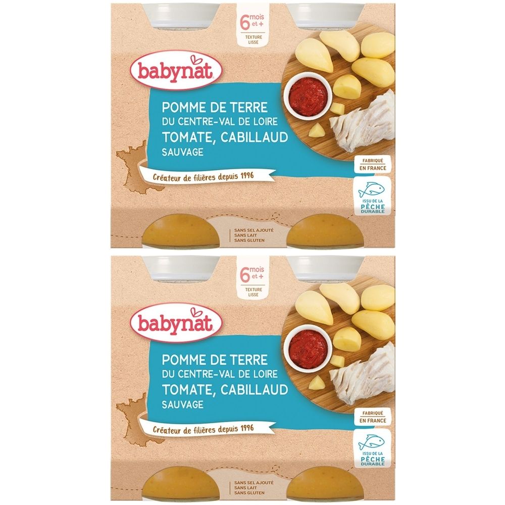 Deux emballages de nourriture pour bébé Babynat. Inscription: POMME DE TERRE, TOMATE, CABILLAUD. Dès 6 mois. Pêche durable.
