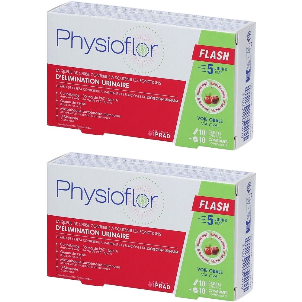 Deux boîtes de PHYSIOFLOR Flash. Emballage blanc avec texte rouge et vert. Contient 10 comprimés. Inscription : 5 jours.