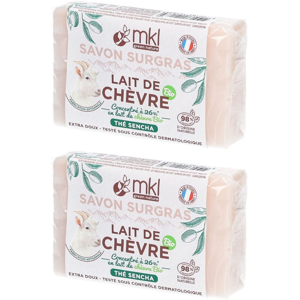 Deux savons emballés. Sur l'emballage, marque mkl, lait de chèvre, Thé Sencha, label bio, 98% d'ingrédients naturels.