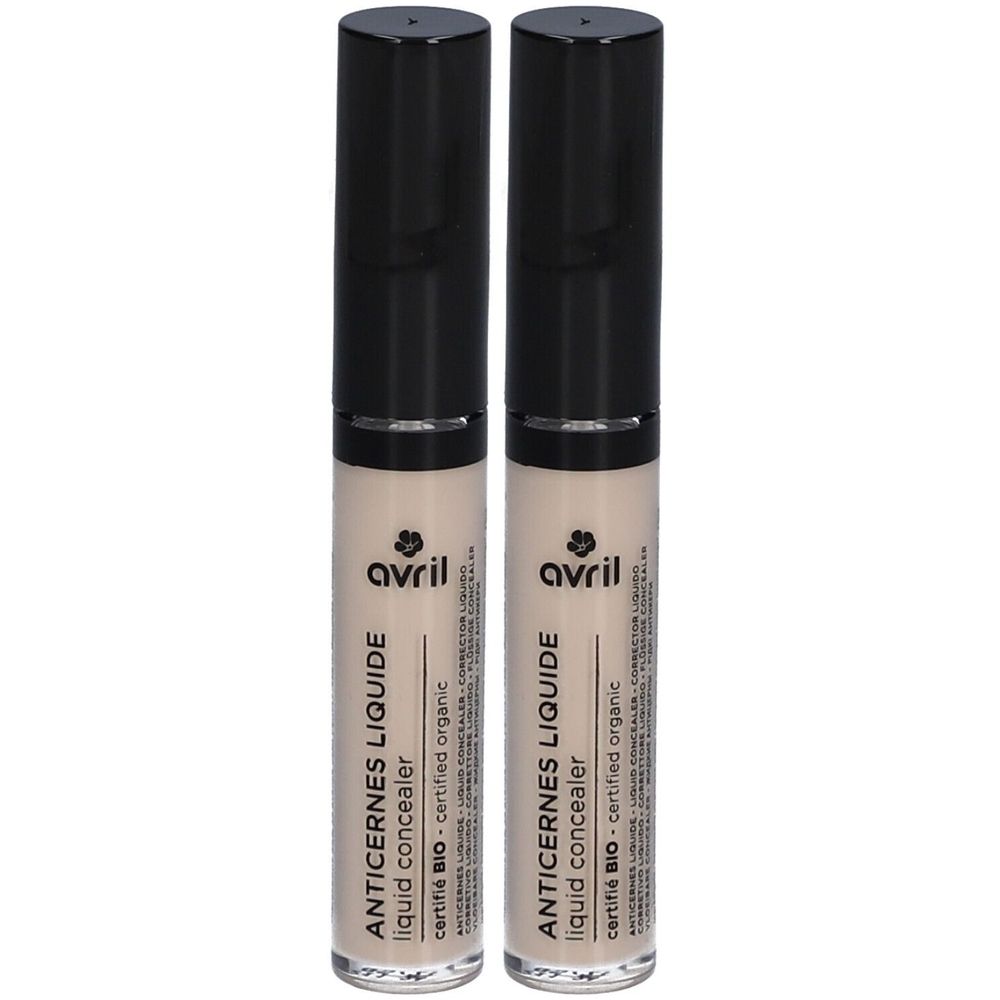 Deux tubes de correcteur liquide. Bouchon noir, tube transparent avec contenu beige. Inscription : Avril, Anticernes Liquide, certifié Bio.