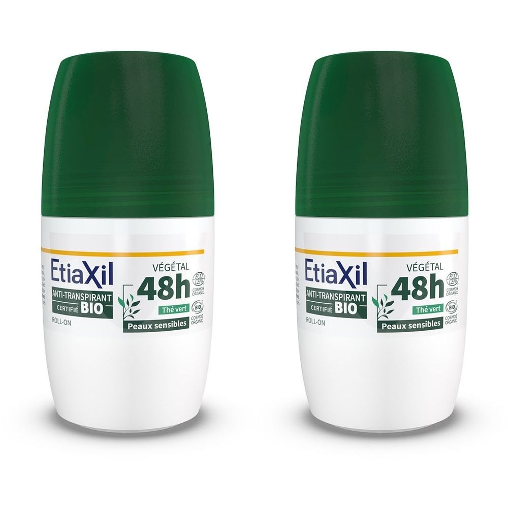 ETIAXIL - Déodorant Anti-transpirant Végétal - Transpiration Modérée - Certifié BIO - Aisselles - 48h - Parfum Thé vert - Roll On - 50 ml