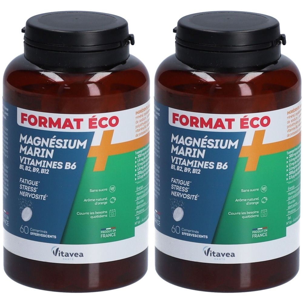 Deux flacons de Vitavea Santé Magnésium + complexe de vitamines B. Flacons bruns avec bouchons noirs. Inscription : FORMAT ÉCO, MAGNÉSIUM MARIN.