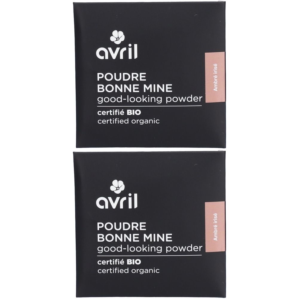 Deux sachets noirs de poudre. Inscription blanche : POUDRE BONNE MINE, certifié BIO. Teinte : Ambre irisé.