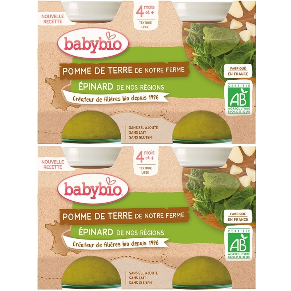Emballage Babybio. Pomme de terre, épinard, dès 4 mois. Certification AB. Texte: Sans sel ajouté, sans lait, sans gluten.