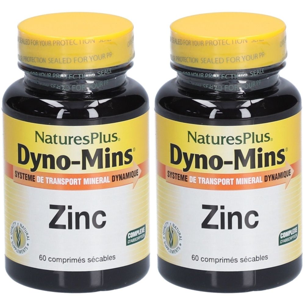 Deux flacons de NaturesPlus Dyno-Mins Zinc. Étiquette jaune, bouchon noir. Inscription: Zinc, 60 comprimés. Sceau sur le couvercle.