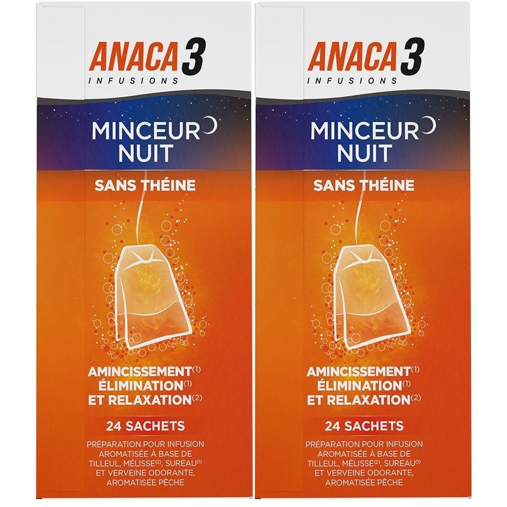 Deux boîtes d'ANACA3 Infusion Minceur Nuit. Inscription : MINCEUR NUIT, SANS THÉINE, 24 sachets. Illustration de sachet.