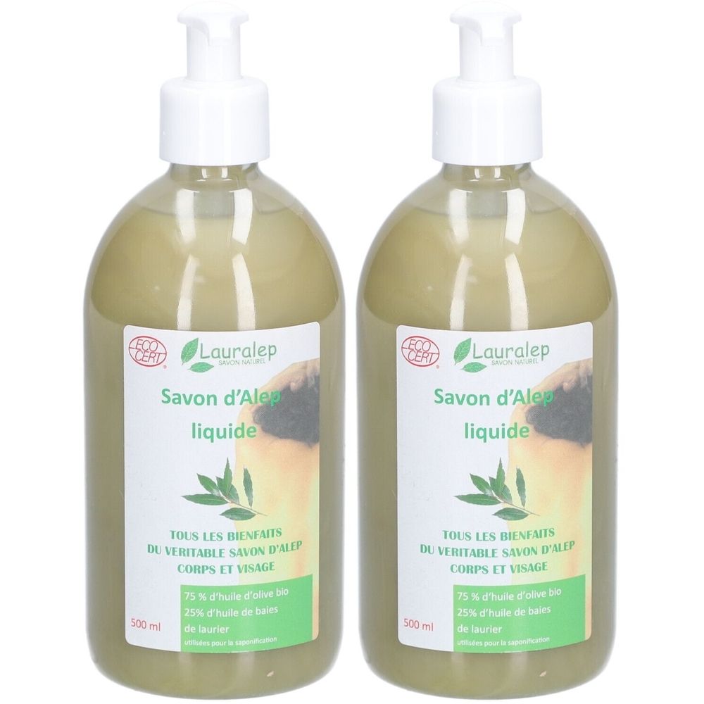 Deux flacons de savon liquide avec pompe blanche. Les étiquettes indiquent "Lauralep Savon d'Alep liquide".
