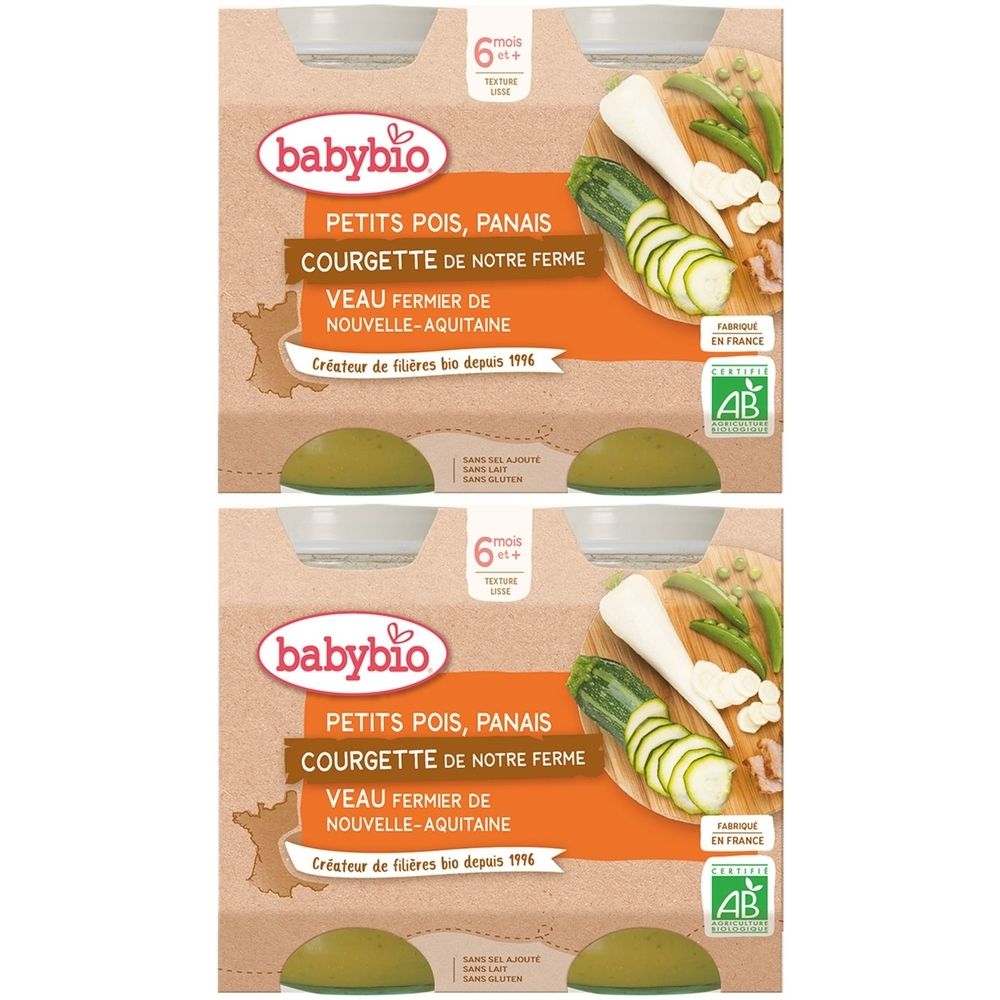 Emballage Babybio. Inscription: PETITS POIS, PANAIS, COURGETTE DE NOTRE FERME, VEAU FERMIER DE NOUVELLE-AQUITAINE. Label AB.