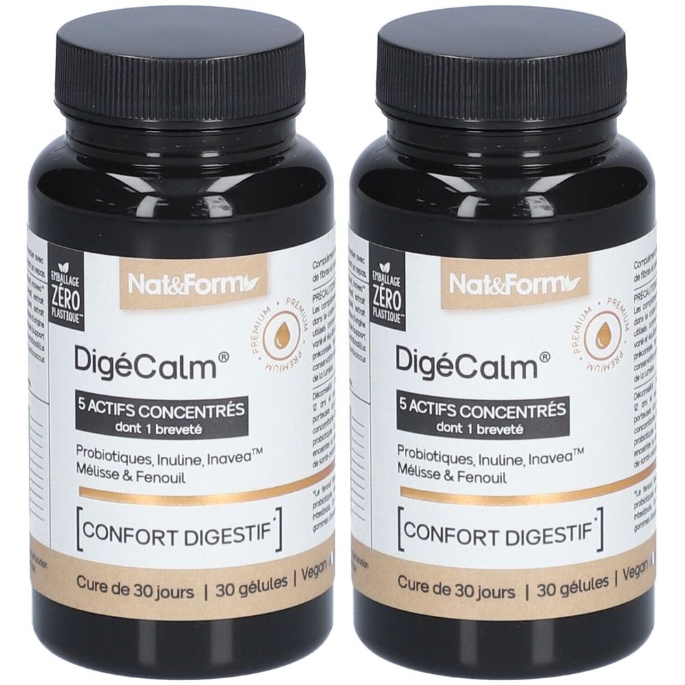 Deux flacons noirs. Inscription DigéCalm, 5 ACTIFS CONCENTRÉS, Nat&Form. Étiquette avec informations produit. Vegan.