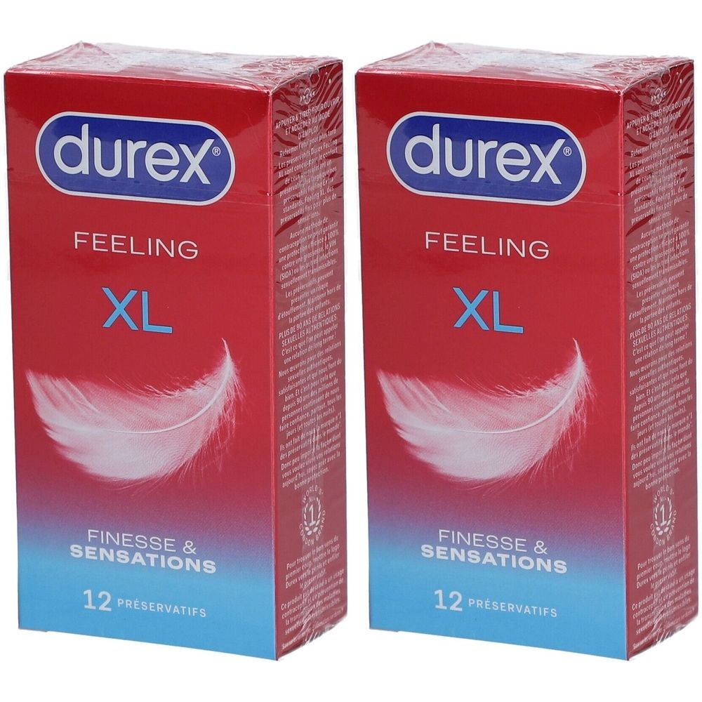 Deux boîtes de Durex Feeling XL. Emballage rouge avec plume blanche et texte bleu. Contient 12 préservatifs.