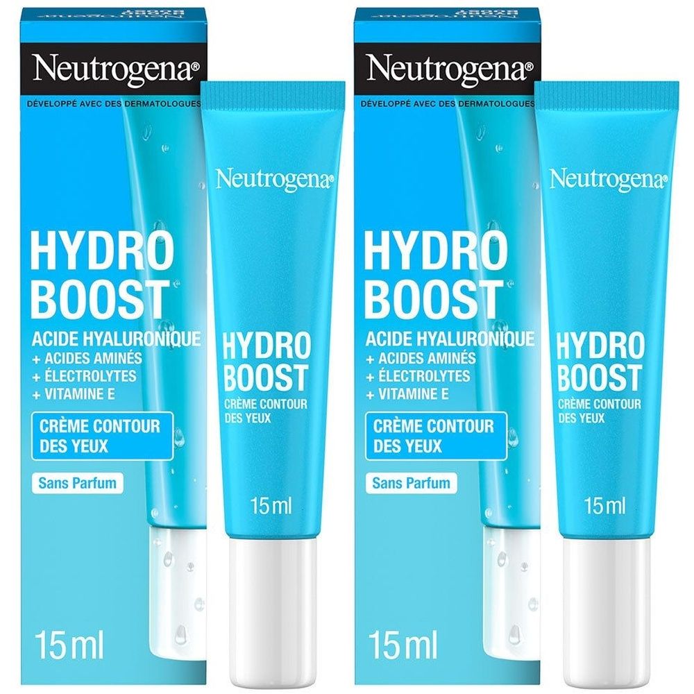 Plusieurs tubes et emballages de crème pour les yeux Hydro Boost. Tubes bleus avec bouchon blanc. Inscription : Neutrogena, Hydro Boost, 15ml.