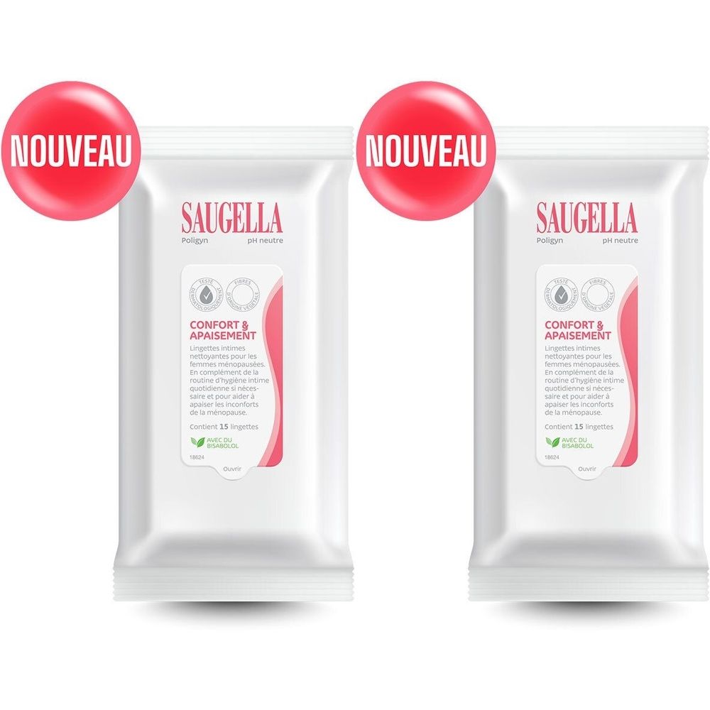 Deux paquets de lingettes nettoyantes Saugella. Emballage blanc avec accents roses et texte. Autocollant rouge "NOUVEAU".
