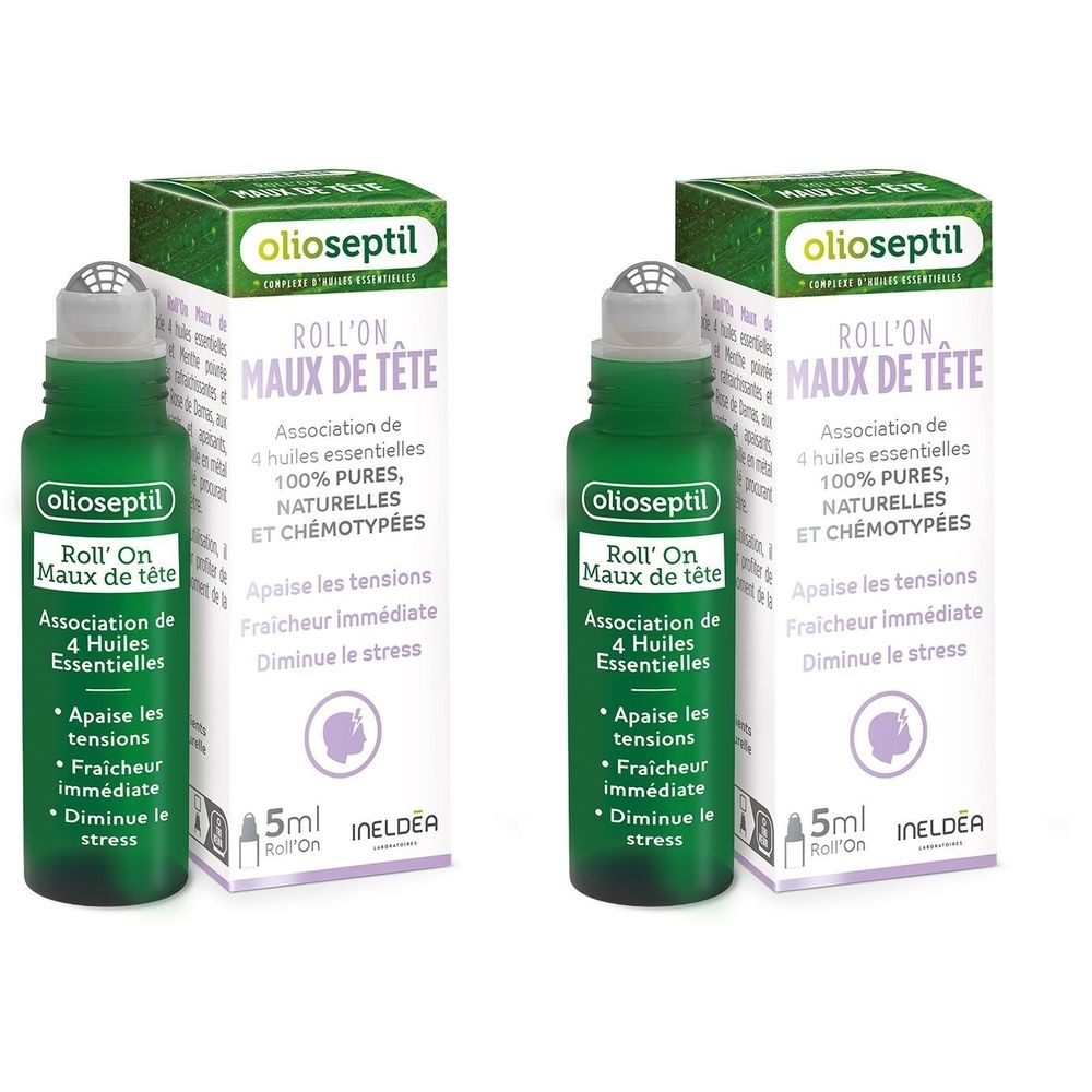 Deux flacons roll-on verts avec emballage blanc. Inscription: Olioseptil Roll'on Maux de Tête. 5 ml. Avec 4 huiles essentielles.