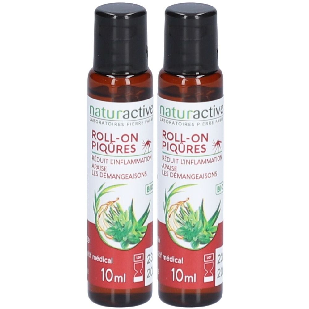 Deux flacons roll-on avec bouchon noir. Inscription: naturactive, ROLL-ON PIQURES, 10ml. Réduit l'inflammation, apaise les démangeaisons. Certification Bio.