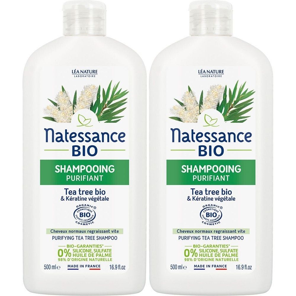 Deux flacons de shampooing blancs avec étiquettes vertes. Inscription : Natessance BIO Shampooing Purifiant Tea Tree Bio.