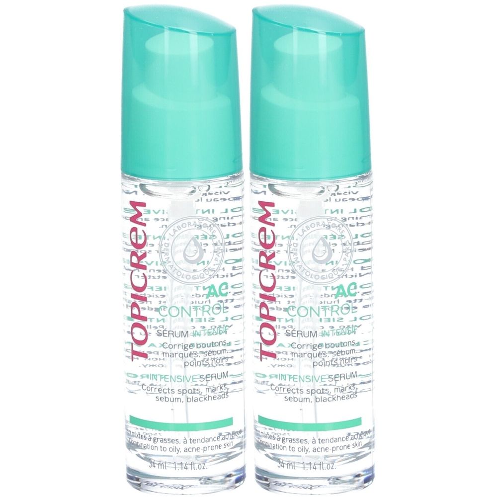 Deux flacons de Topicrem AC CONTROL Sérum Intensif. Liquide clair dans des flacons transparents avec des pompes turquoise. Texte sur les étiquettes.
