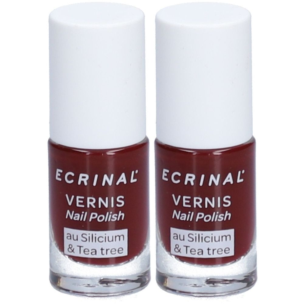 Deux flacons de vernis à ongles. Inscription: ECRINAL, Vernis Nail Polish, au Silicium & Tea tree. Rouge cerise, bouchon blanc.