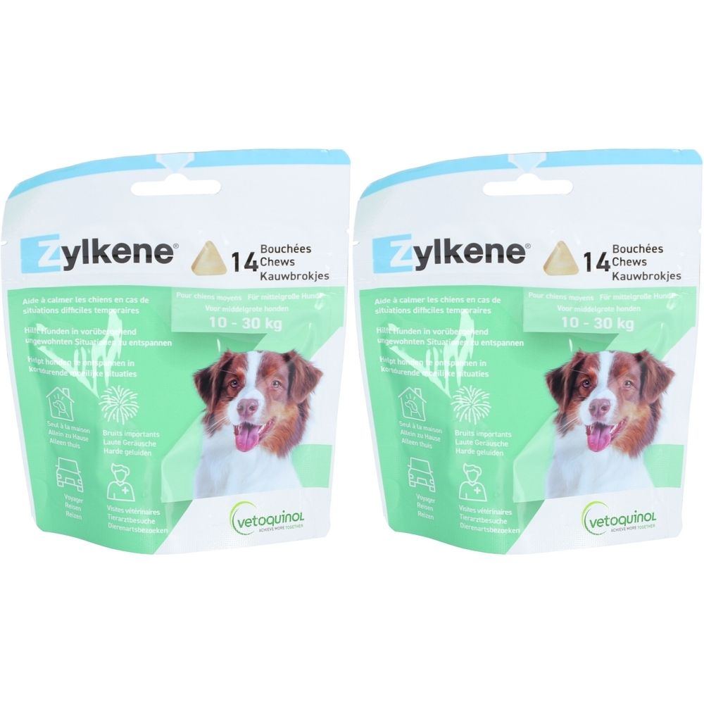 Deux sachets de Zylkene 14 Chews pour chiens. Emballage avec photo de chien et informations produit. Logo Vetoquinol.