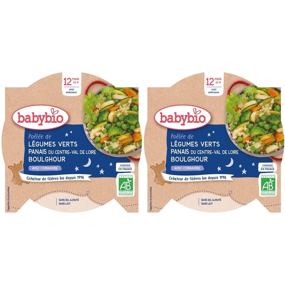 Deux sachets de purée de légumes verts Babybio, panais, boulgour et coriandre. Label AB. Dès 12 mois. Fabriqué en France.