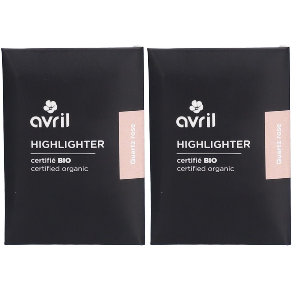 Deux boîtes noires "avril HIGHLIGHTER" avec "certifié BIO". Bande rose "Quartz rose" à droite.