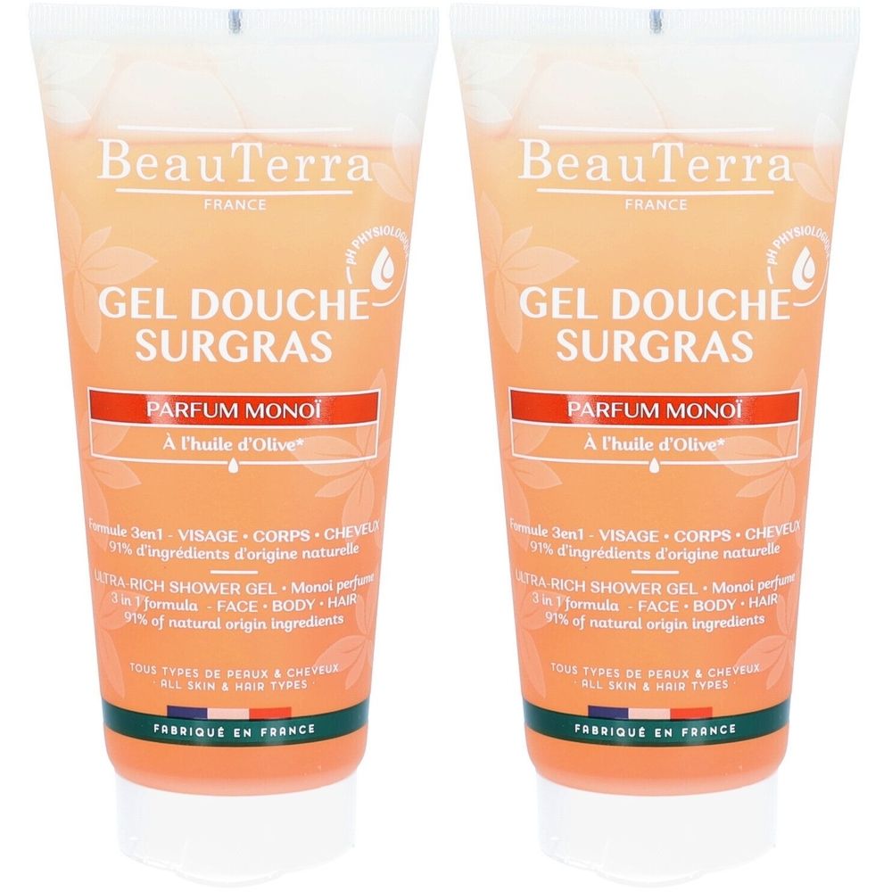 Deux tubes de gel douche. Inscription: BeauTerra, Gel Douche Surgras, Parfum Monoï. À l'huile d'olive. Pour peau et cheveux.