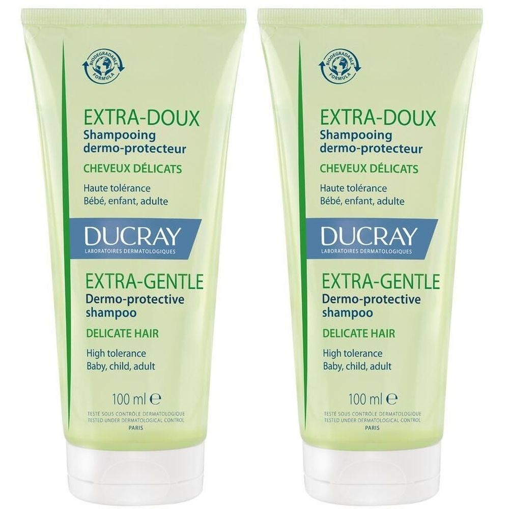 Deux tubes de shampooing verts. Inscription: EXTRA-DOUX, dermo-protecteur, CHEVEUX DELICATS, DUCRAY. Contient 100 ml.
