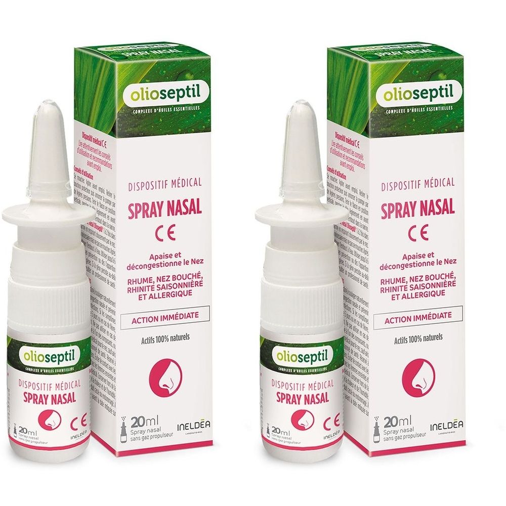 Deux flacons de spray nasal et emballages. Inscription: Olioseptil, Spray Nasal, marquage CE, 20ml.