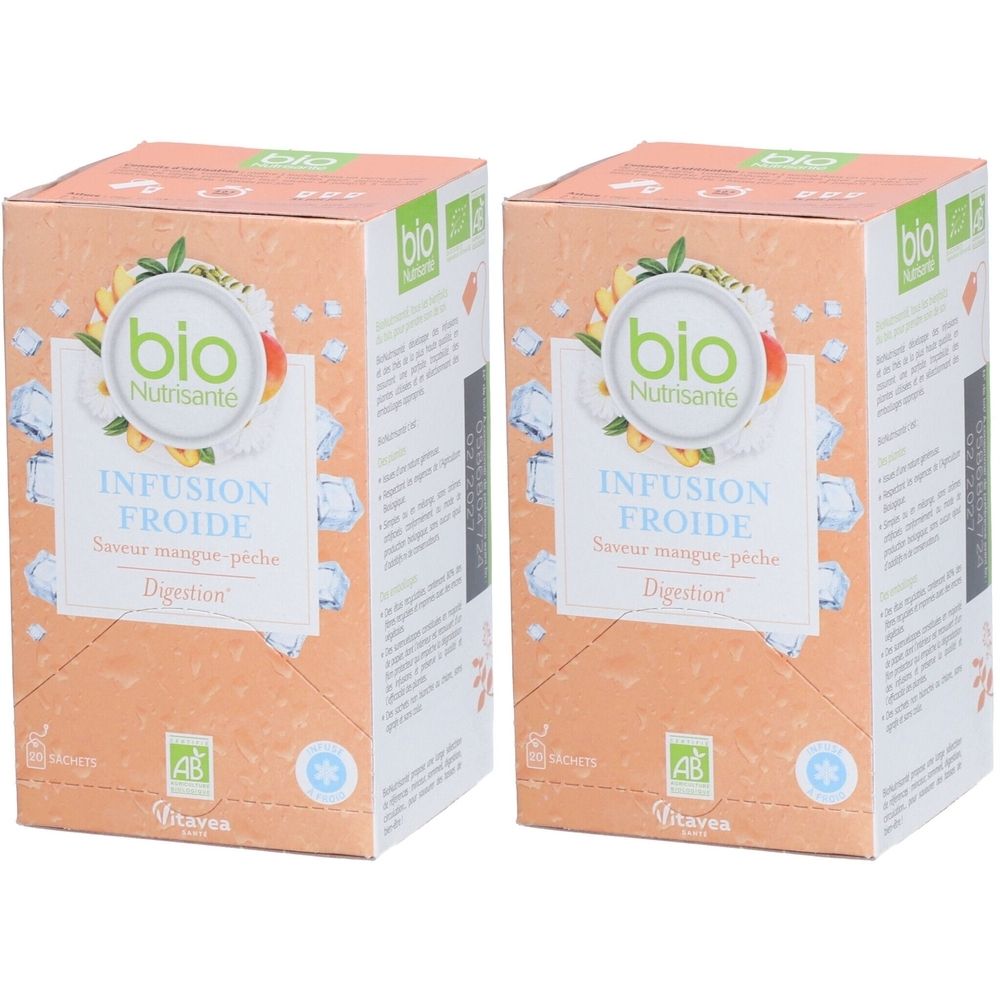 Deux boîtes avec inscriptions. Inscription: bio Nutrisanté, Infusion Froide, saveur mangue-pêche, Digestion. Avec label AB.