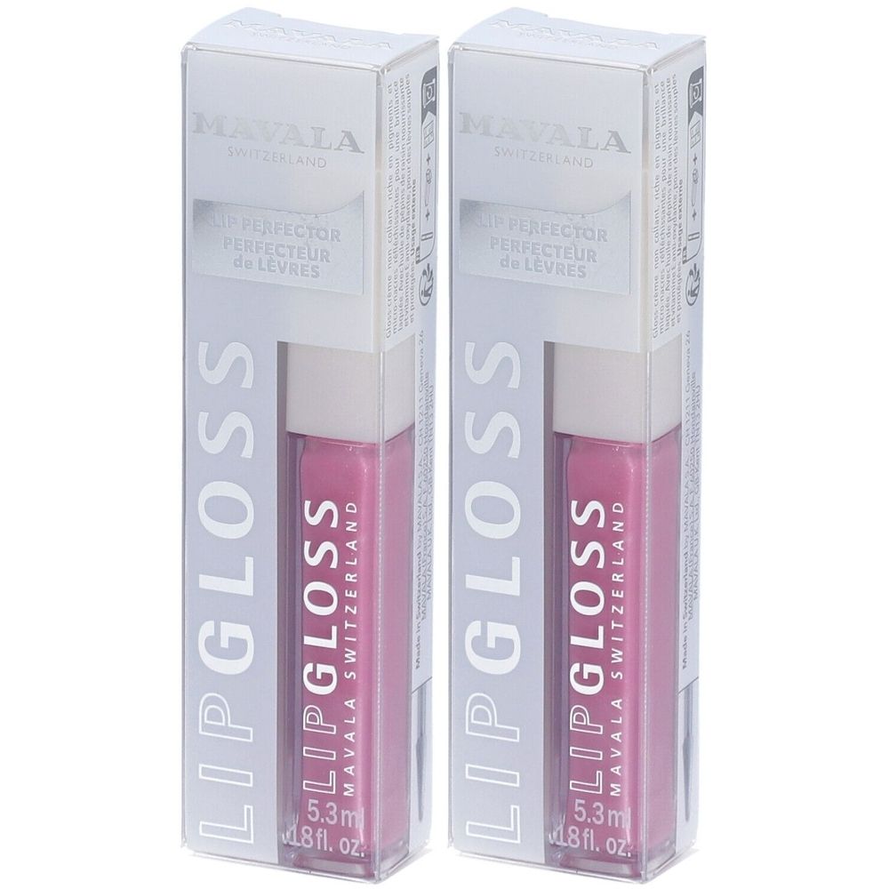 Deux boîtes de gloss. Inscription: LIP GLOSS, MAVALA SWITZERLAND. Teinte rose. Emballage avec nom du produit et indication de volume.