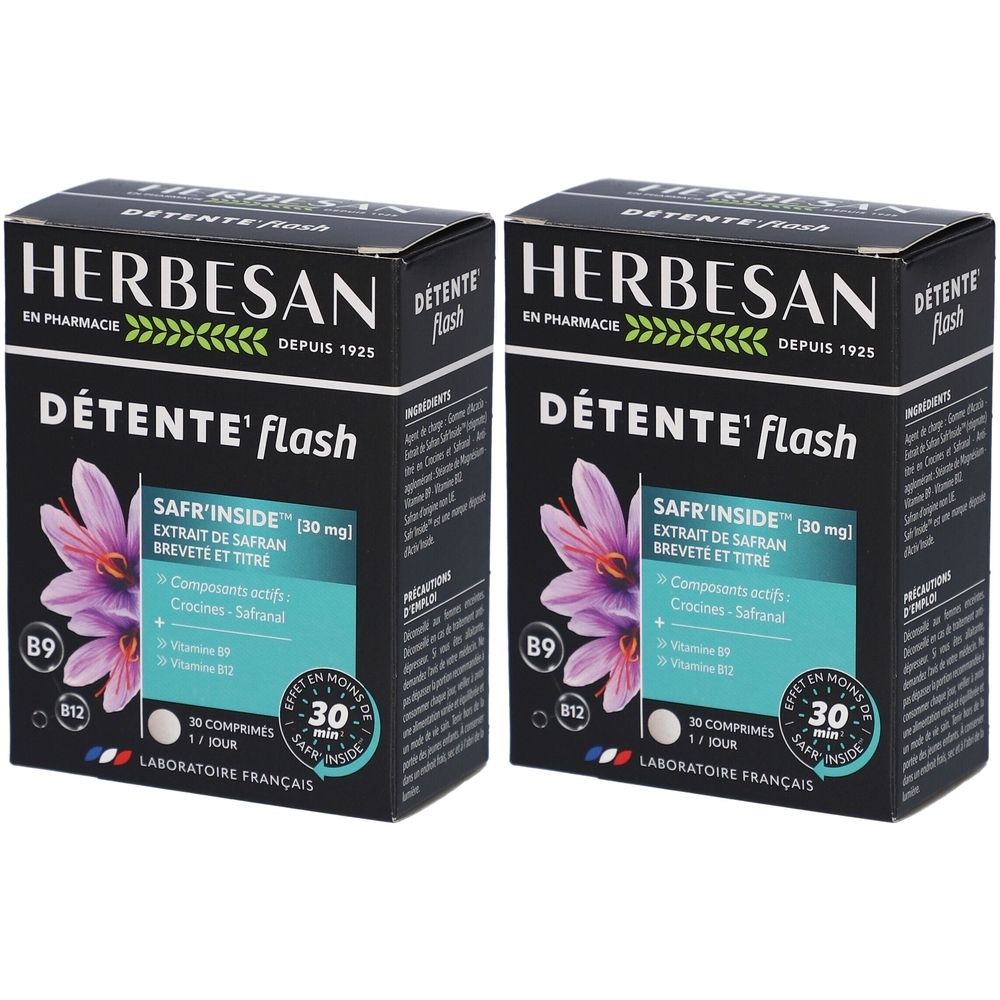 Deux boîtes Herbesan Détente Flash. Emballage noir avec nom du produit et illustration de safran. Contient B9 et B12.