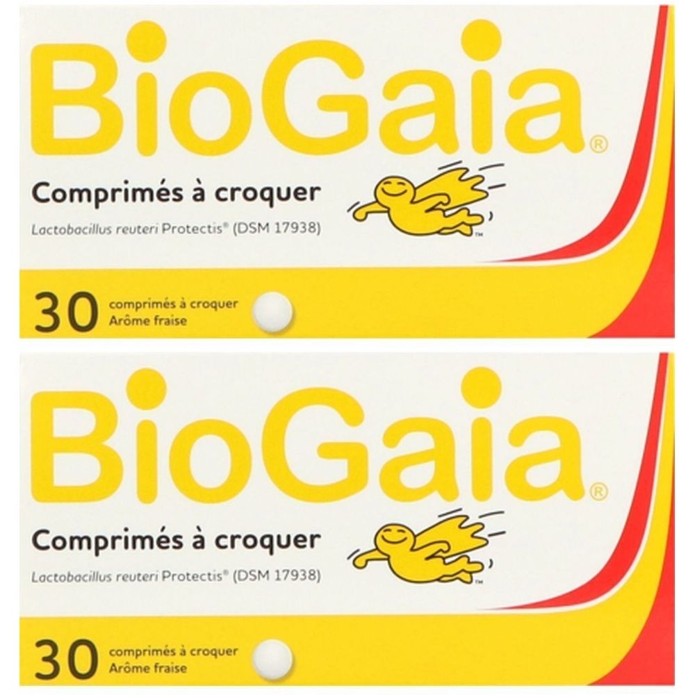 Deux boîtes BioGaia, jaune et blanc. Inscription: Comprimés à croquer, 30 comprimés, goût fraise. Logo: personnage jaune.
