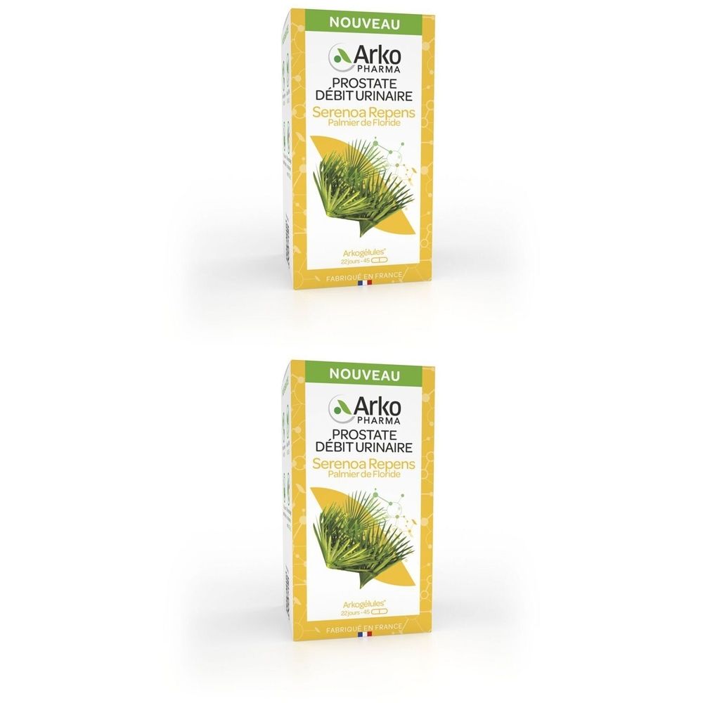 Deux boîtes jaunes avec le nom du produit et le logo Arko Pharma. Inscription : Prostate Débit Urinaire, Serenoa Repens.