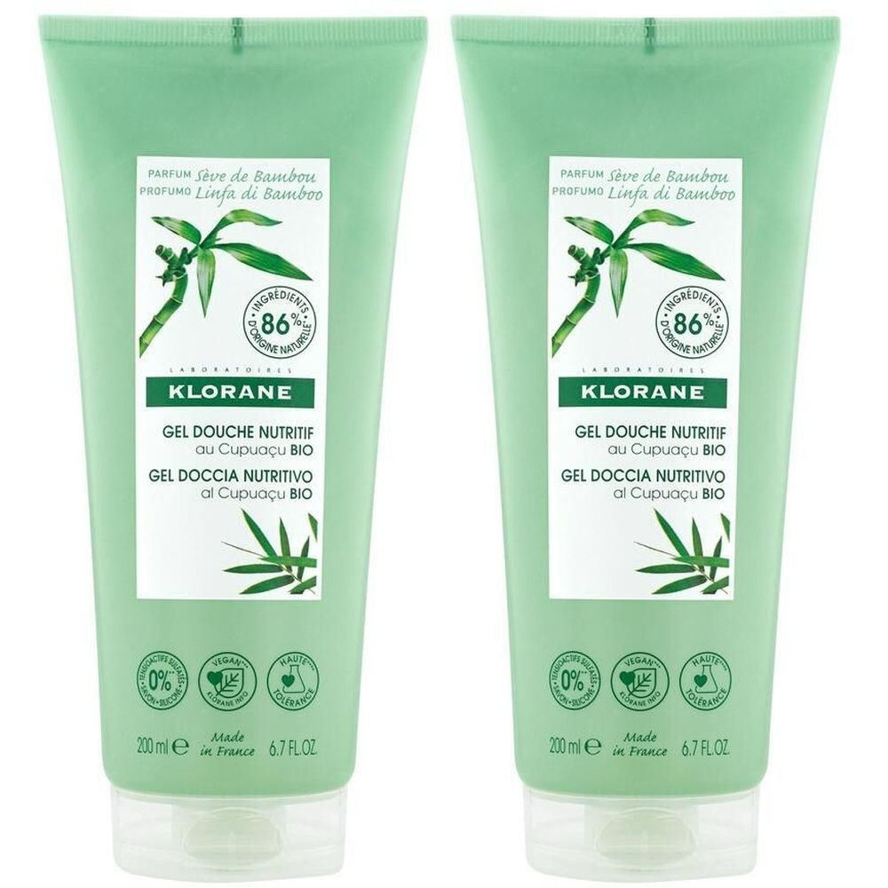 Deux tubes de gel douche KLORANE vert. Inscription: Gel Douche Nutritif, Sève de Bambou. Contient 86% d'ingrédients naturels.