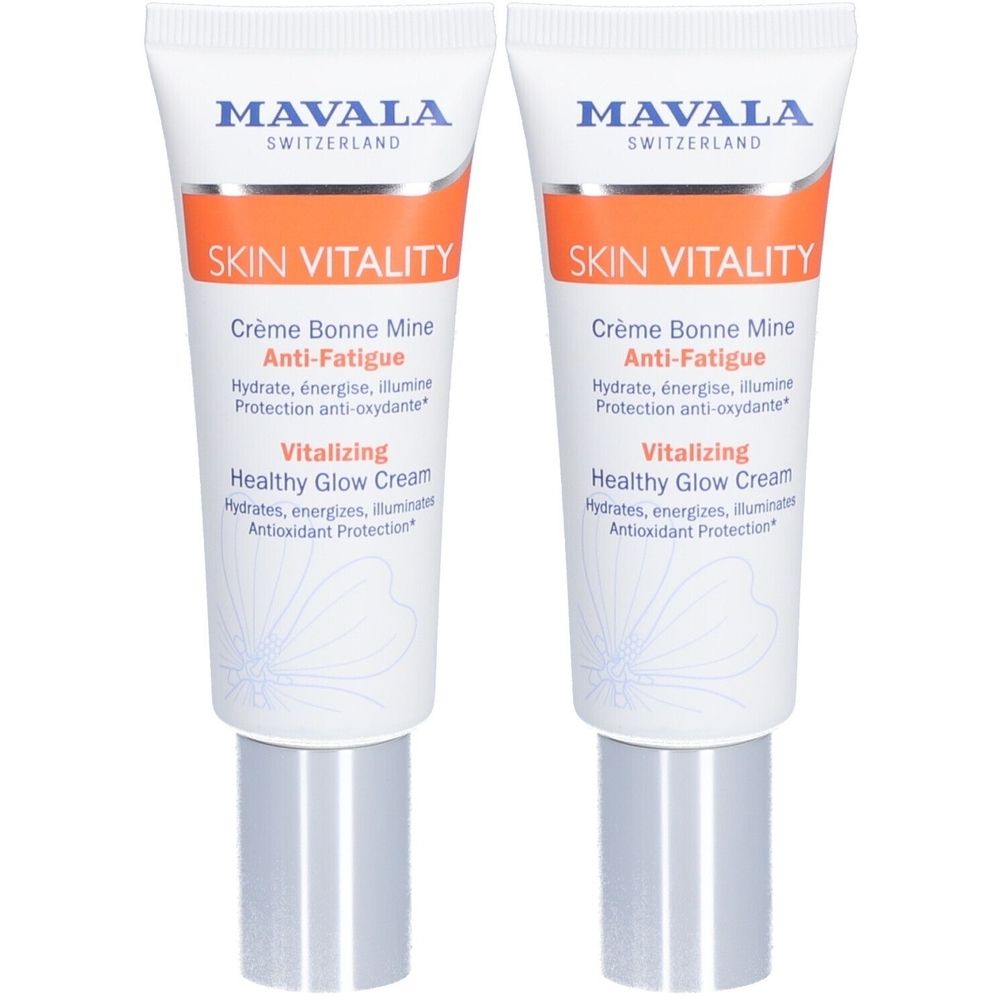 Deux tubes de crème. Inscription: MAVALA SKIN VITALITY. Texte: Crème Bonne Mine Anti-Fatigue, Vitalizing Healthy Glow Cream.
