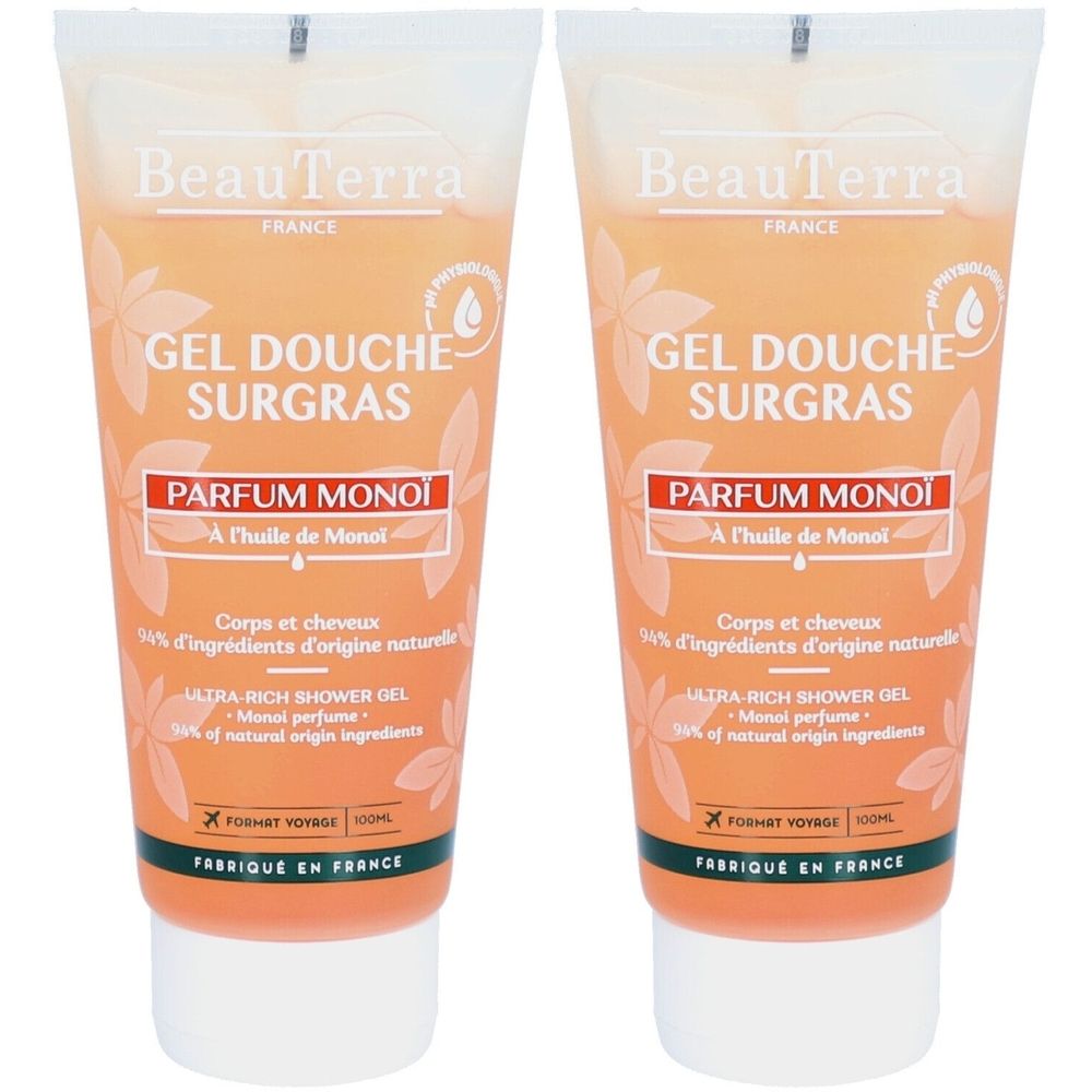 Deux tubes de gel douche. Inscription: BeauTerra, Gel Douche Surgras, Parfum Monoï. Gel orangé dans un tube transparent avec bouchon blanc.