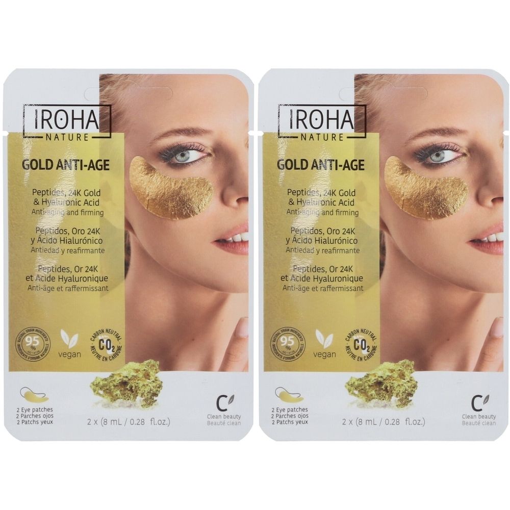 Deux paquets de patchs pour les yeux. Sur chaque paquet, une femme avec des patchs dorés pour les yeux. Texte: IROHA NATURE, GOLD ANTI-AGE.