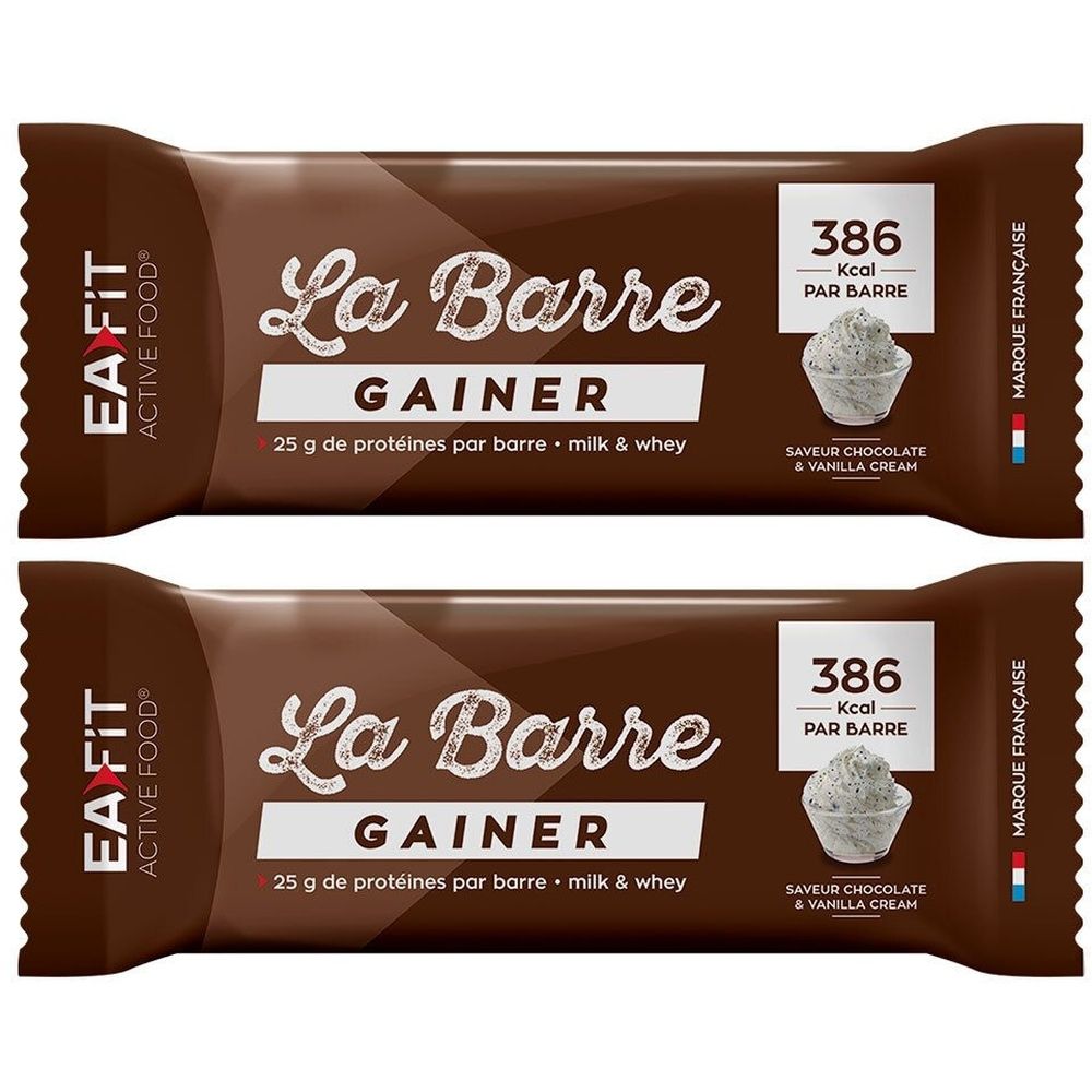 Deux barres EA-FIT La Barre Gainer. Inscription : Gainer, 25 g protéines, 386 Kcal. Saveur chocolat & crème vanille. Marque française.