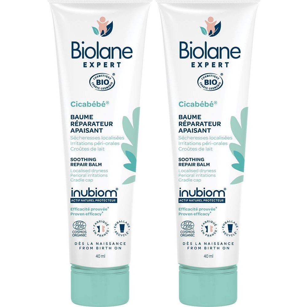 Deux tubes de crème. Inscription: Biolane Expert, Cicabébé, Baume Réparateur Apaisant. Certification Bio. Emballage vert et blanc.