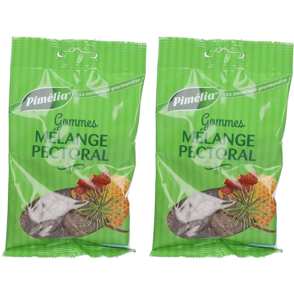 Deux sachets verts "Pimélia Gommes Mélange Pectoral". Illustration de bonbons et plantes. Fermeture transparente.