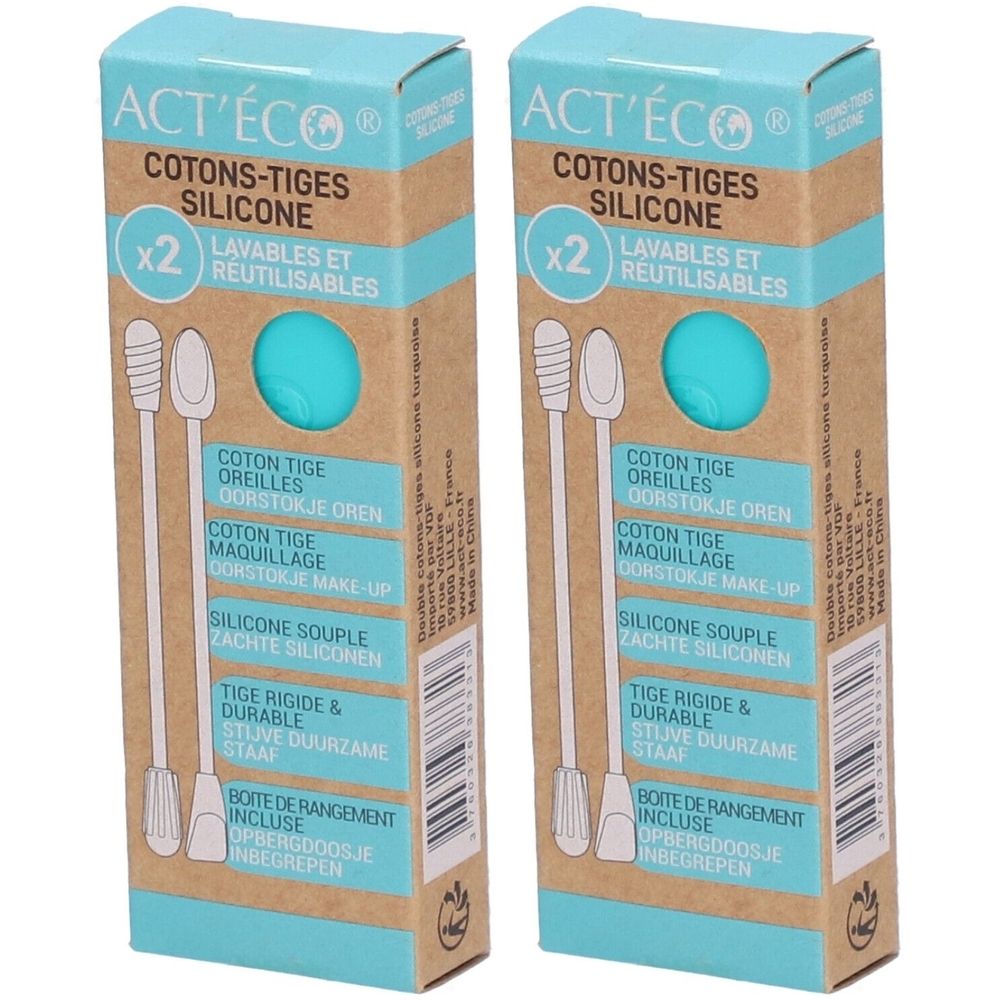 Deux boîtes de cotons-tiges en silicone ACT'ECO. Bâtonnets et boîtiers ronds turquoise. Lavables et réutilisables.