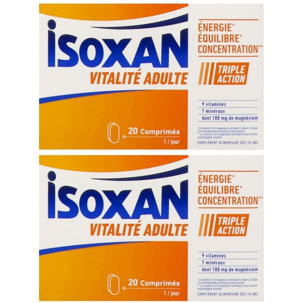 Deux boîtes de Isoxan Vitalité Adulte. Emballage blanc et orange. Texte: Énergie, équilibre, concentration, triple action. 20 comprimés.