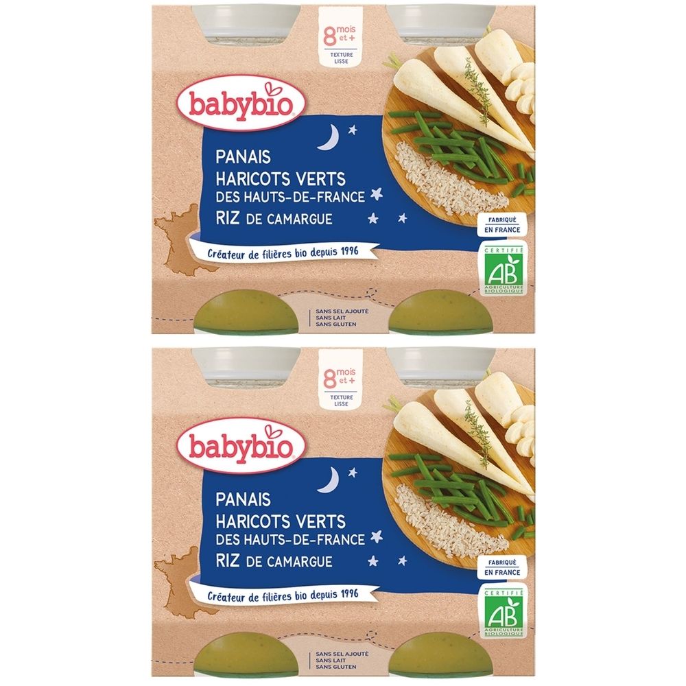 Deux emballages de nourriture pour bébé Babybio. Inscription : Panais, Haricots Verts, Riz de Camargue. Certification bio.