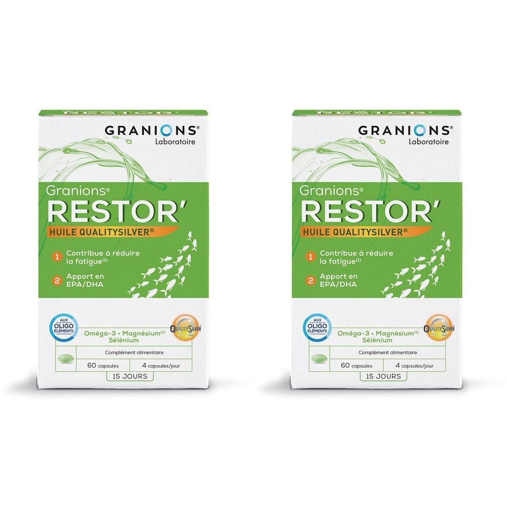 Deux boîtes rectangulaires "Granions RESTOR'" vertes. Contient 60 capsules. Logos et texte visibles.