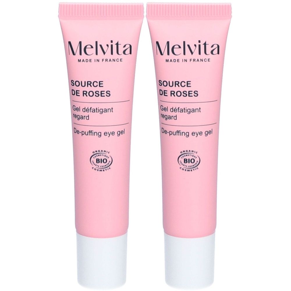 Deux tubes roses. Inscription: Melvita, Source de Roses, Gel défatigant regard, De-puffing eye gel. Certification Bio.