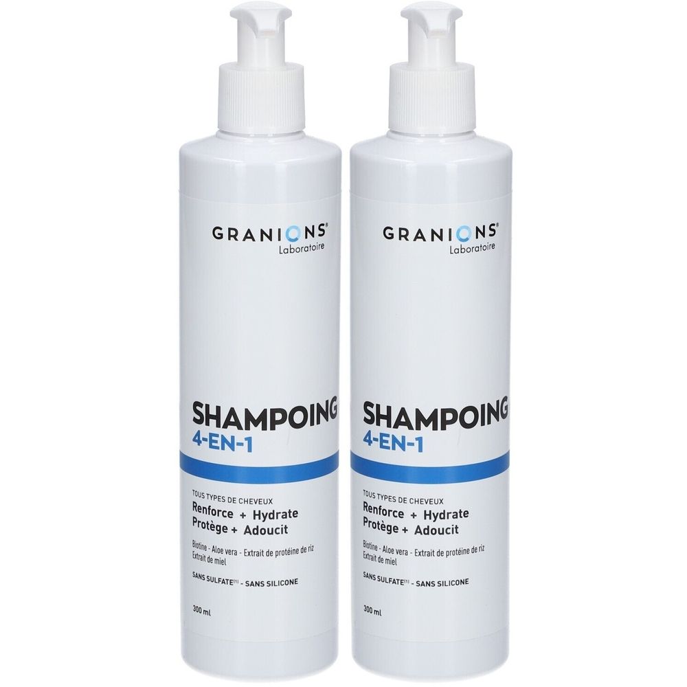 Deux flacons blancs avec pompe. Inscription: GRANIONS, SHAMPOING 4-EN-1. Bandes bleues et texte.